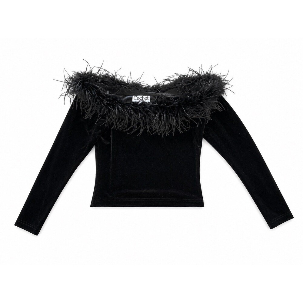 Vintage Cachet Black Velvet Off Shoulder Ostrich Feather Trim Top Women’s M Y2K
